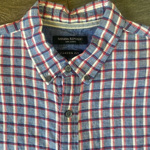 Banana Republic 100% Linen Men’s Medium Red White Blue Plaid Short Sleeve Button - Picture 3 of 5